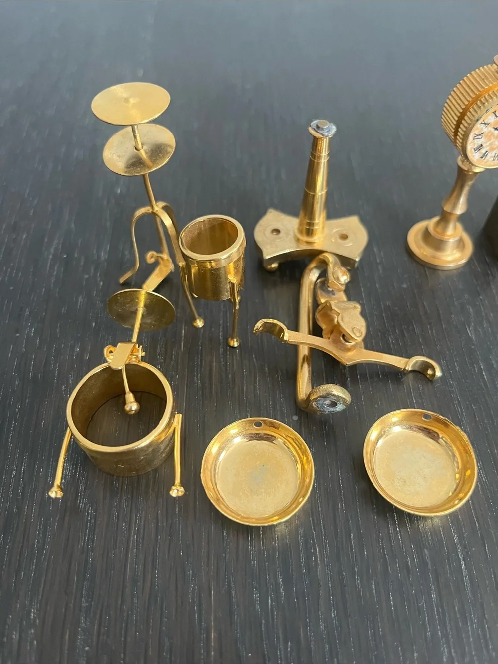 Miniature Brass Dollhouse Accessories Clock, Tea Set, Grinder, Scale, Drum Set